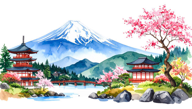 Ink illustration of winter landscape with snow capped mountains and cherry trees isolated on white background