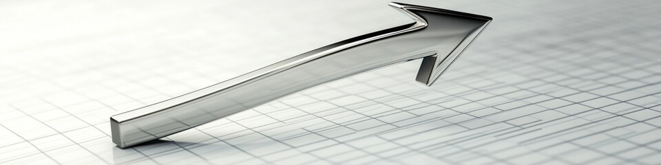 A sleek chrome arrow points upwards on a grid, symbolizing growth and progress, ideal for business concepts, financial success, and positive trends in a modern design.