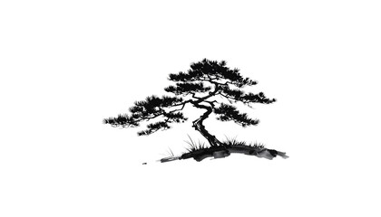 Illustration of a black silhouette of a branch with leaves isolated on a white background