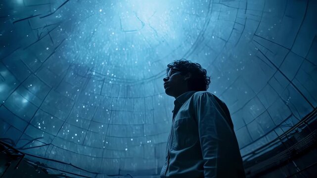 Portrait of an astrophysicist standing inside a massive dome, observing the birth of a new star and documenting the changes in surrounding dark matter and energy.