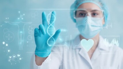 AI generated image of a female medical professional using a transparent holographic interface to analyze DNA and biometric data in a futuristic digital lab - Powered by Adobe