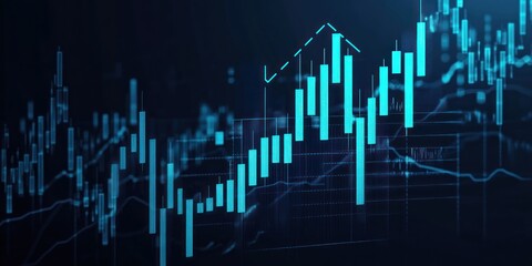 Financial chart analysis is displayed with blue candlestick patterns and an upward trending arrow, representing stock market data and investment growth.
