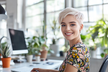 Smiling woman working at her desk in a bright modern office space