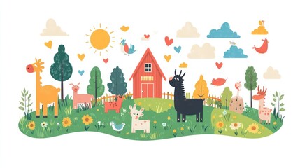Cute farm animals on a hill with a red barn, ideal for children's book illustrations or educational materials