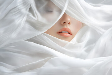 Serene beauty portrait of a young woman with soft white fabric drapes