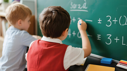 Two boys working on math problems at a chalkboard