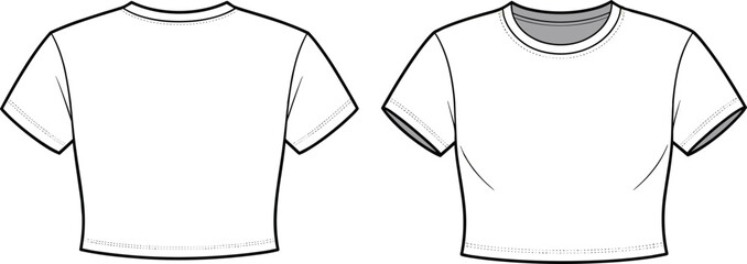 Flat fashion sketch of women's crop t-shirt with short sleeves, crew neck, layered collar detail, front and back technical view