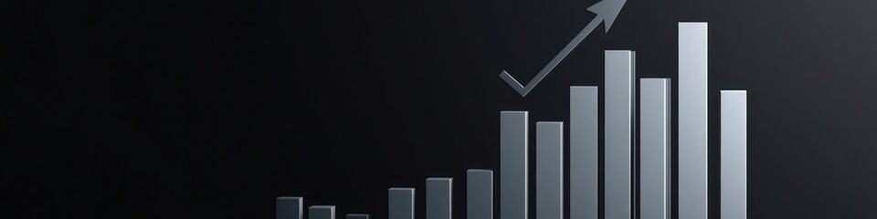 Ascending bar graph with an arrow pointing upwards symbolizes growth, progress, and positive trends in business, finance, and economic development on a dark background.