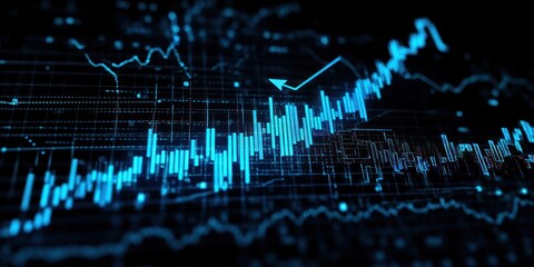 Financial chart shows an upward trend with blue lines and bars, conveying growth and success in stock market analysis and investment strategies for business and finance.