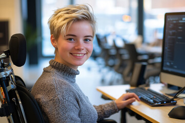 Smiling young woman with disability works at a computer in office