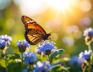 Monarch butterfly on vibrant wildflowers at sunset