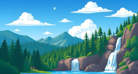 mountain waterfall landscape, mountain lake, waterfall in mountains, alpine landscape, scenic mountain view, waterfall vector, lake vector, nature scenery, mountain scenery, waterfall illustration, la © mrpixel