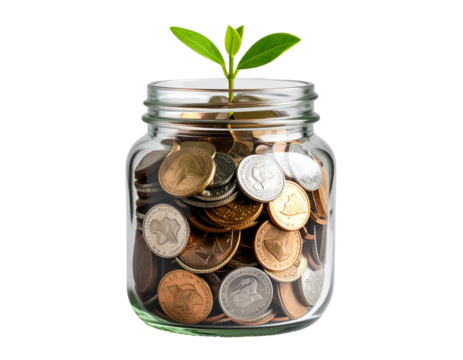 Glass jar filled with coins and a small plant sprouting, isolated on a transparent background