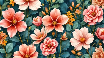 Delicate floral pattern with various shades of pink and peach blooms.