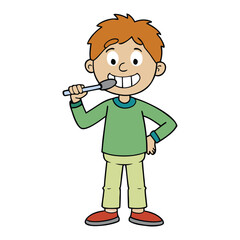A happy boy stands at the sink brushing his teeth with a blue toothbrush, foam around his mouth, keeping his smile clean and healthy each morning and night.
