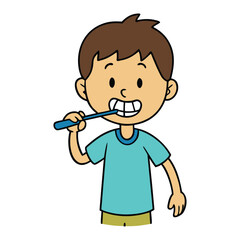 A happy boy stands at the sink brushing his teeth with a blue toothbrush, foam around his mouth, keeping his smile clean and healthy each morning and night.

