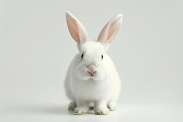 Obraz premium Fluffy white bunny rabbit facing camera, long ears up, clean white studio background, photorealistic, isolated.