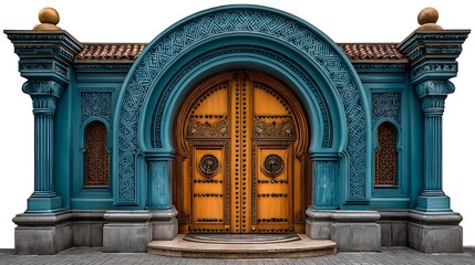 Obraz premium Ornate teal archway framing grand wooden doors with intricate metalwork