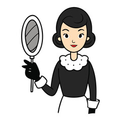 A mysterious woman in black gloves gazes into a mirror, her eyes reflecting quiet strength and hidden secrets, capturing a timeless moment of elegance and intrigue.
