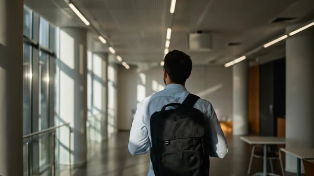 Businessman walking through open plan office space on bright day