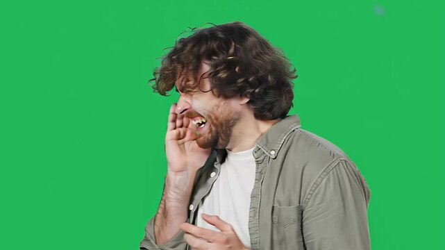 An angry man with curly hair gestures with his hand expressing frustration and displeasure against a green background