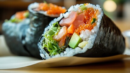 A sushi burrito with fresh ingredients inside