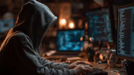 A hooded figure types on a keyboard in a dimly lit room filled with multiple monitors displaying lines of code.