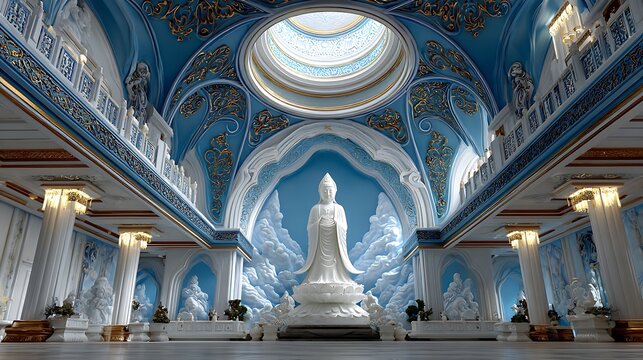 Majestic white buddha statue in ornate blue and gold temple interior