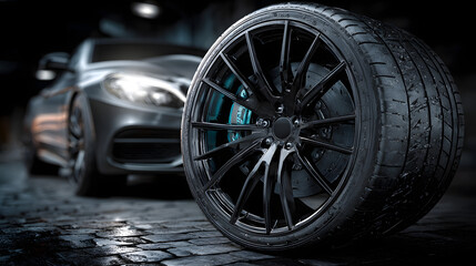 Black car wheel tire alloy design deep tread pattern. Automotive industry auto parts for transport, service, race, shop, or garage. Modern automobile wheels for road speed performance.