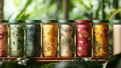 Tropical-themed glass bottles with floral and leaf prints