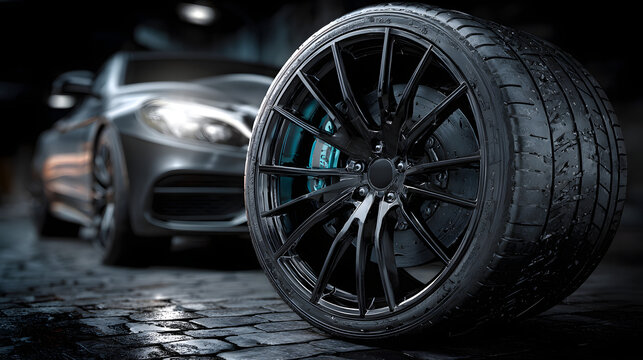 Black car wheel tire alloy design deep tread pattern. Automotive industry auto parts for transport, service, race, shop, or garage. Modern automobile wheels for road speed performance.