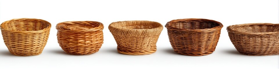 Small, shallow, woven baskets in a row