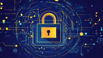 Digital lock symbolizing cybersecurity protection amidst a network of technology and data flow - Powered by Adobe