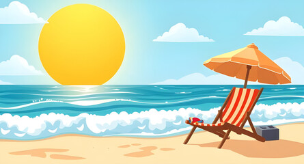 beach scene with chair and umbrella, beach chair umbrella illustration, seaside chair and umbrella, summer beach relaxation scene, sandy beach chair, ocean beach umbrella, beach vacation illustration,