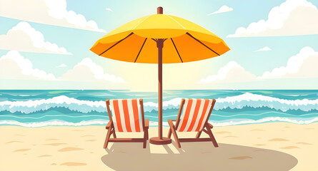 beach scene with chair and umbrella, beach chair and umbrella illustration, summer beach relaxation scene, tropical beach chair umbrella, seaside vacation illustration, beach lounge chair scene, ocean