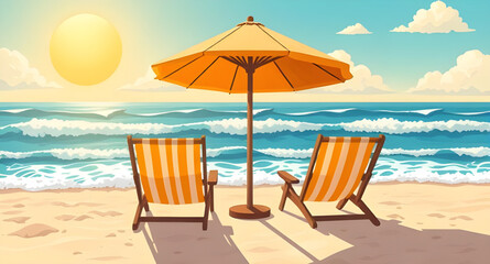 beach scene with chair and umbrella, beach chair and umbrella illustration, summer beach relaxation scene, tropical beach chair umbrella, seaside vacation illustration, beach lounge chair scene, ocean © mrpixel