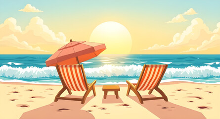 beach scene with chair and umbrella, beach chair and umbrella illustration, summer beach relaxation scene, tropical beach chair umbrella, seaside vacation illustration, beach lounge chair scene, ocean