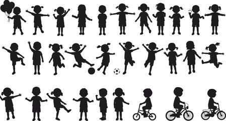 Silhouettes of children playing, biking, skipping, holding balloons, joyful outdoor activities, movement, community fun, childhood moments, vector illustration