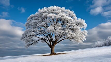 Majestic frost covered tree stands alone on snowy hillside under blue sky