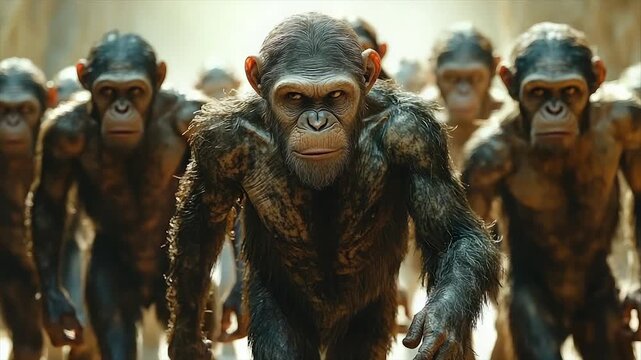 Chimpanzee troop advances, intense gaze