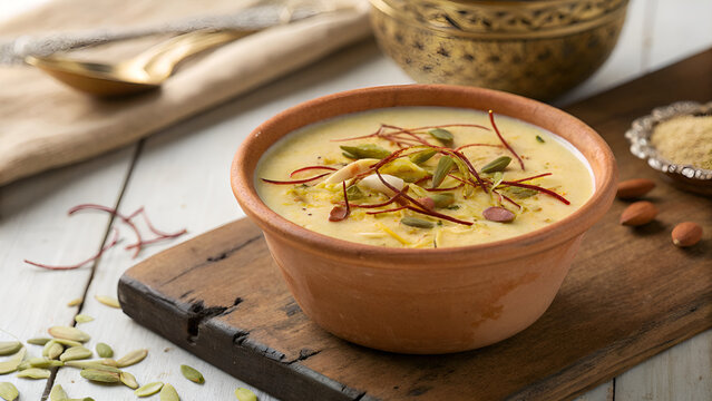 Traditional Indian Basundi Dessert with Saffron and Dry Fruits &ndash; Realistic Ethnic Sweet Dish