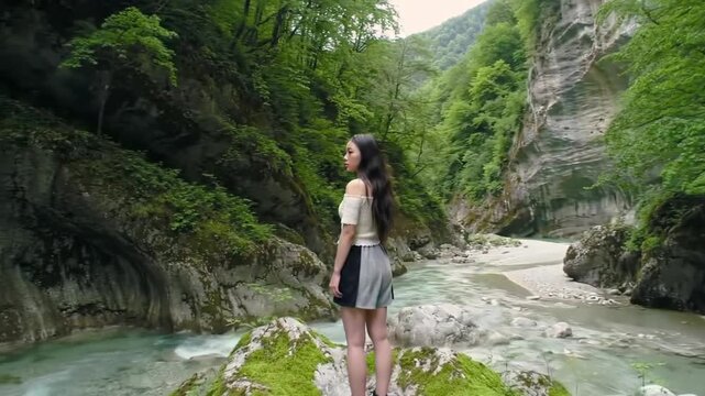A beautiful young woman stands on a large rock in the lowlands of a mountain gorge near a seething river and looks around. Beauty of mountain nature with quadcopter