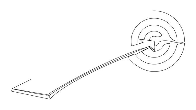 Animated self drawing of continuous one line drawing businesswoman running on arrow to center of dartboard. Business Concept of targeting, customer. Company vision mission. Full length animation