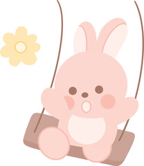 Cute pink rabbit clip art playing on a swing.