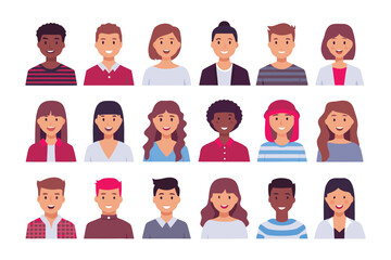 Diverse Avatar Set: A collection of 20 diverse and friendly cartoon avatars, suitable for website profiles, social media, or app design. Each avatar showcases unique hairstyles, skin tones.