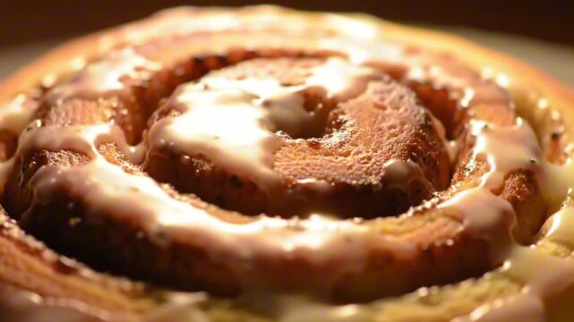 A glazed cinnamon roll sits in closeup view its spiral pattern and frosting details distinct