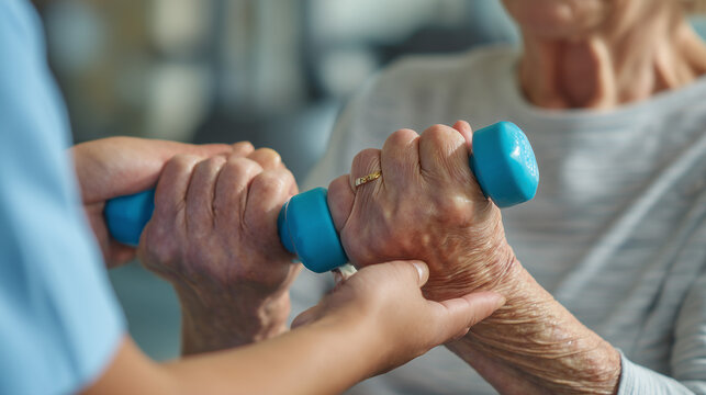 Occupational Therapist Helping Elderly Patient with Hand Strengthening Exercises in Rehabilitation Clinic, Senior Care and Functional Therapy Concept