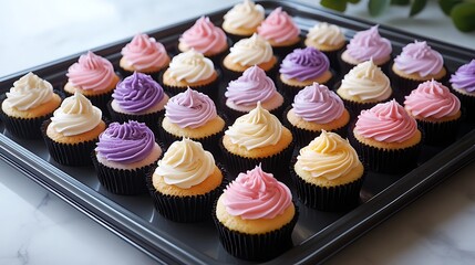 A tray of assorted mini cupcakes with frosting 