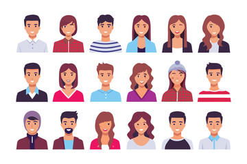 Smiling Faces: Collection of stylized portraits of diverse individuals, each radiating with unique expressions, captured in a clean, modern aesthetic.