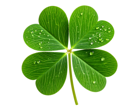 Tilted Three-Leaf Clover with Slight Dew Drops and Curled Petiole, Natural Light Angle, isolated on transparent background PNG